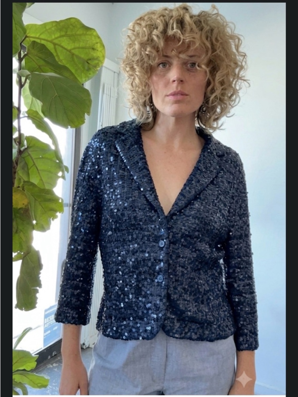 Iisli Showstopper Deep Navy Sequin Cardigan Blazer. Size S.